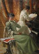 Emil Lindgren Interior med musicerande kvinnor vid pianot USA oil painting artist
